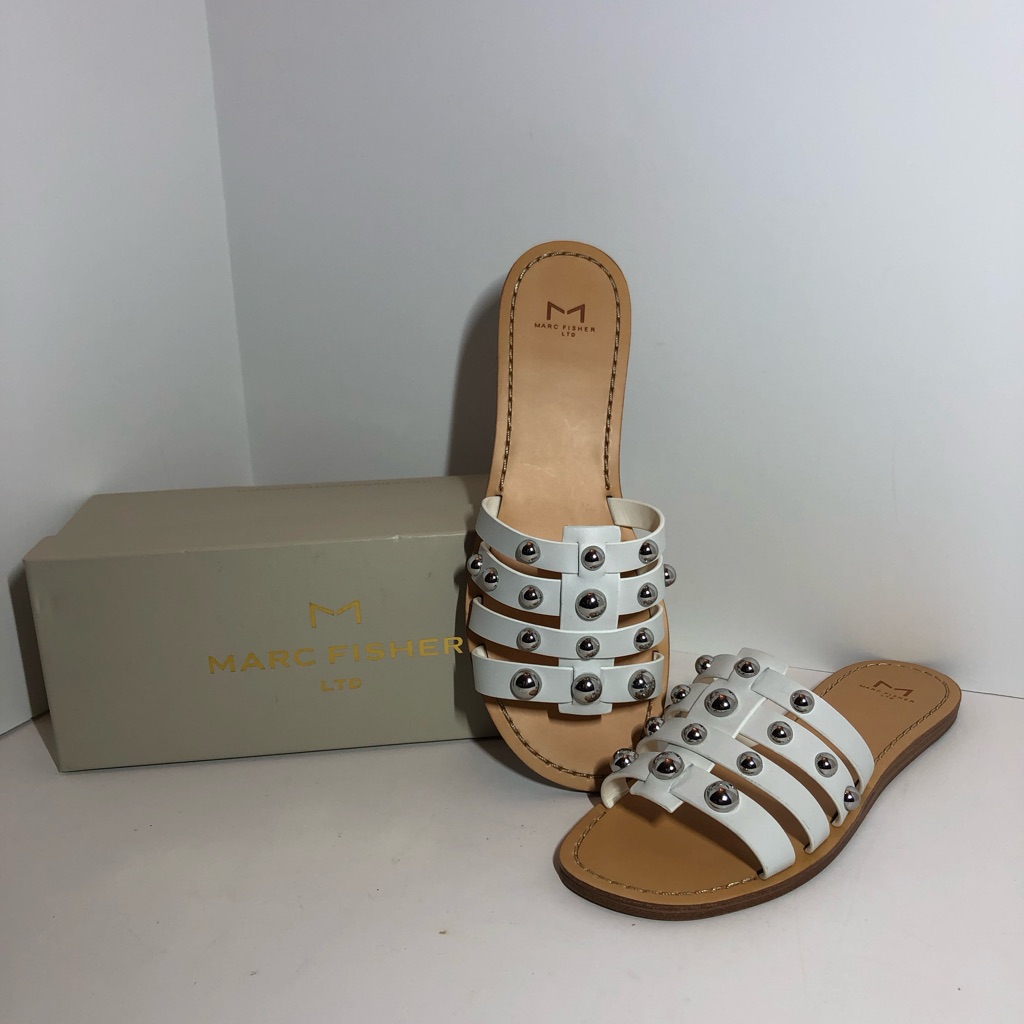 Marc Fisher Pava White Slide Sandals With Silver Accents